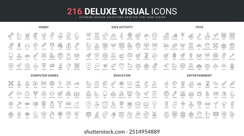 Kids activity and sport, entertainment and education, computer, video console and mobile games line icon set. Hobby and music, science and photography thin black outline symbols vector illustration