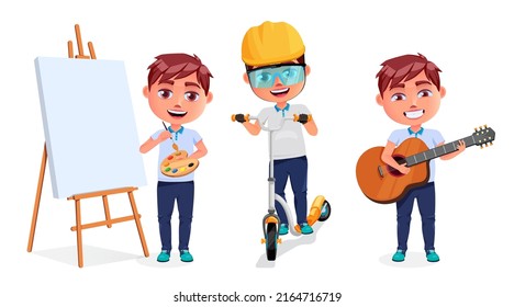 Kids activity vector character set design. Boy characters in painting, playing guitar and riding scooter element for school student activities collection. Vector illustration.
