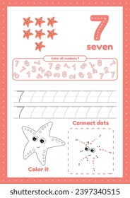 Kids activity worksheet with many exercises. Learn number seven. Coloring, tracing starfish