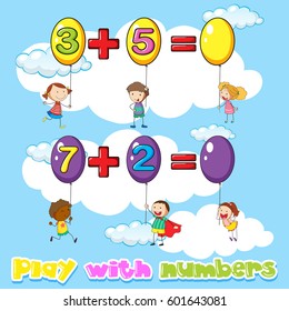 Kids adding numbers on balloons illustration