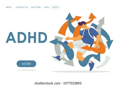 Kids ADHD landing page template. Vector character lost in various emotions, tasks and unable to choose one arrow to follow. Mental problems banner