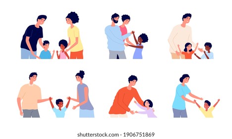 Kids adoption. Kid with new parents, father mother adopted child. People challenge life, cartoon international couples hug son utter vector scenes