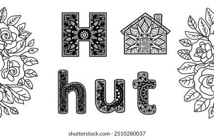 Kids and adults coloring page alphabet word letter H mandala template design