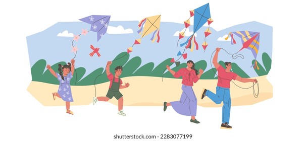 Kids and adults, family run with air kite on the meadow. Summer joint activity and active sport games outdoor for family, flat cartoon vector illustration isolated on white background.