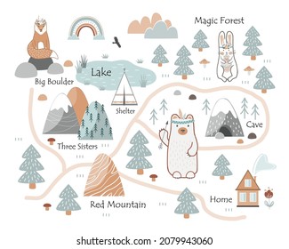 Mapa de aventuras para niños con animales lindos. Dibujo de Doodle al estilo escandinavo. Imprimir para jugar alfombras o alfombras, tapices o afiches. Ilustración gráfica vectorial.