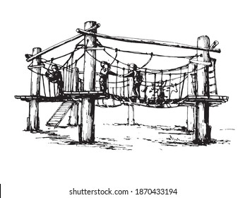 kids in adventure park  wearing 
harnesses and climbing gear in adventure park. vector image of children playing outdoors 