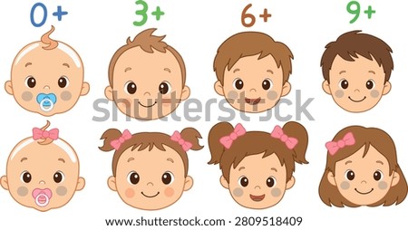 Kids Age Rating Icons Set. Collection of flat vector age rating icons featuring children of different ages and age restriction labels 0+, 3+, 6+, and 9+. Perfect for educational materials, toys, games, books, apps, childcare, product packaging, websites, media content, and parental guidance. Clean modern design isolated on a white background, suitable for print and digital use.