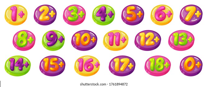 Kids age restrictions. Childrens age limit signs, figures game or movie content permission badges. Age limit baby stamps vector illustration icon set. Child limit prohibition, age plus badge
