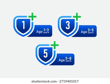Conjunto de iconos de indicadores adecuados para Edad de niños para juguetes y Educación, etiqueta de escudo de seguridad infantil con rango de Edad 1–3, 3–5, 5–8 años