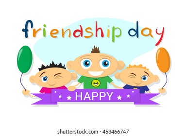 Kids With Air Balloons Happy Friendship Day Flat Vector Illustration