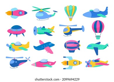 Transporte aéreo infantil. Aviones chilenos brillantes, globos con cestas, helicópteros de color lindo en el cielo, aviación para bebés con dibujos animados, juguetes voladores, decoración para viveros, objetos simples, conjunto vectorial aislado