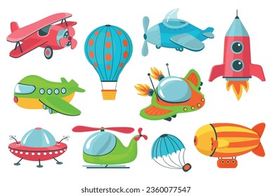 Kids air transport. Cute childish vehicles. Flying toys. Helicopter and rocket. Aerial balloon flight. UFO and airships. Children aircraft. Cartoon baby aviation