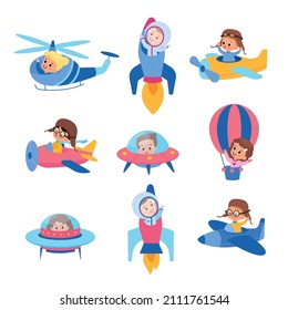 Kids in air transport. Happy children fly in airplanes, rockets and helicopters, boys and girl little pilots, young travelers, bright nursery decor, vector cartoon flat isolated set