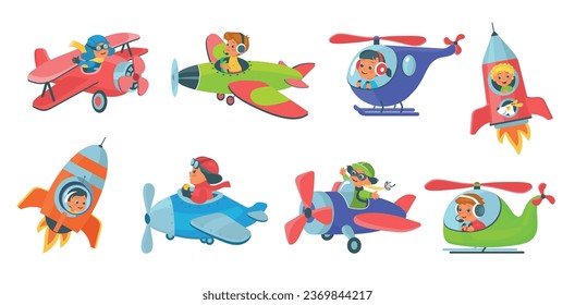 Kids in air transport. Little aviator characters. Boys and girls control airplanes. Children piloting rockets and helicopters. Baby aviation. Aircraft and spaceship