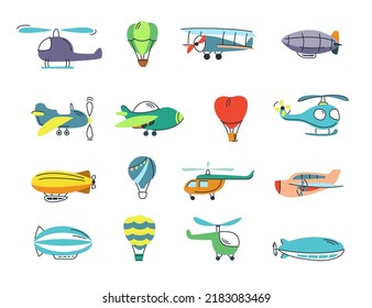 kids airplanes. plane balloons airship helicopters toys. Vector stylized funny colored illustrations