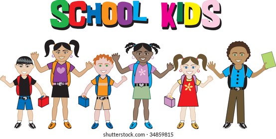 Kids Of All Ages And Races Ready For School With Their Backpacks On.