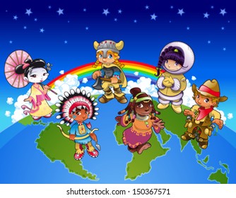 Kids from all over the world. Funny cartoon and vector illustration