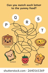 Kids alphabet activity page with happy kawaii snacks. Preschool tracing game with ABC and cute food maze