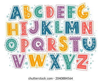 Kids alphabet. Children playful typography, cute funny font, cartoon decorative capital letters, creative comic english abc, vector set