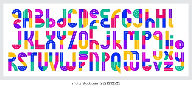 Alfabeto infantil, fuente vectorial geométrica colorida, las letras son fáciles de usar para la creación de títulos y logotipos, mayúsculas y minúsculas.