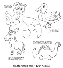Kids alphabet coloring book page with outlined clip arts. Letter D - dinosaur, dog, duck, donkey