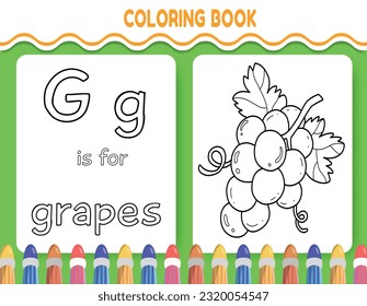 Página del libro de coloreado de alfabeto infantil con un perfil de cliente a color. La letra G es para uvas.