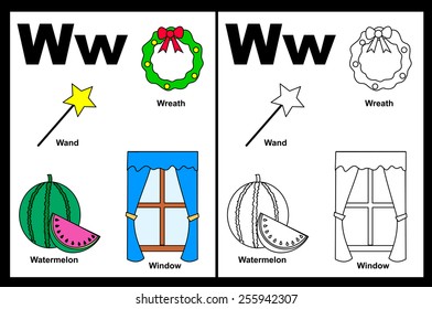 Kids alphabet coloring book page with outlined clip arts to color. Letter W