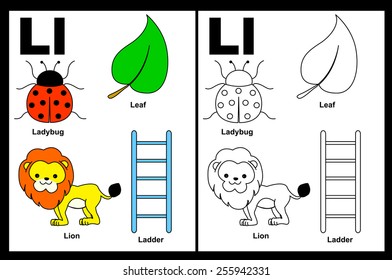 Kids alphabet coloring book page with outlined clip arts to color. Letter L 