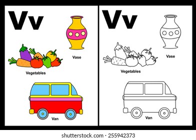 Kids alphabet coloring book page with outlined clip arts to color. Letter V