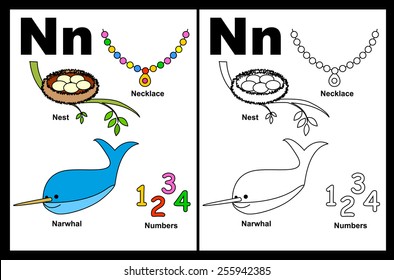 Kids alphabet coloring book page with outlined clip arts to color. Letter N 