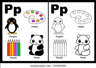 Kids alphabet coloring book page with outlined clip arts to color. Letter P 