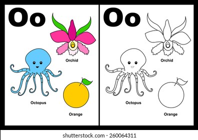 Kids alphabet coloring book page with outlined clip arts to color. Letter O 