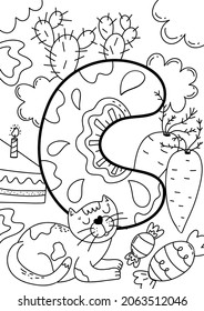 Kids alphabet coloring page ABC - letter C. Coloring book page for children in doodle style. Hand drawn alphabet letter.