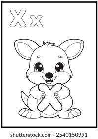 Ilustración de página para colorear de alfabeto para niños con lindo personaje de dibujos animados de canguro.  Un canguro lindo que sostiene la letra X. Libros para colorear de ortografía educativa para los primeros alumnos.
