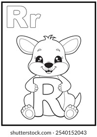 Kids Alphabet coloring page illustration with cute kangaroo cartoon character.  A cute kangaroo holding the letter R. Educational spelling coloring books for early learners.
