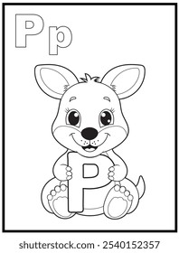 Ilustración de página para colorear de alfabeto para niños con lindo personaje de dibujos animados de canguro.  Un canguro lindo que sostiene la letra P. Libros para colorear de ortografía educativa para los primeros alumnos.
