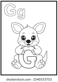 Kids Alphabet coloring page illustration with cute kangaroo cartoon character.  A cute kangaroo holding the letter G. Educational spelling coloring books for early learners.
