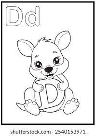 Kids Alphabet coloring page illustration with cute kangaroo cartoon character.  A cute kangaroo holding the letter D. Educational spelling coloring books for early learners.
