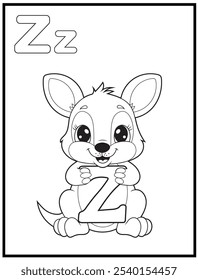 Kids Alphabet coloring page illustration with cute kangaroo cartoon character.  A cute kangaroo holding the letter Z. Educational spelling coloring books for early learners.
