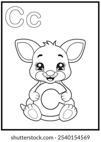 Ilustración de página para colorear de alfabeto para niños con lindo personaje de dibujos animados de canguro.  Un canguro lindo que sostiene la letra C. Libros para colorear de ortografía educativa para los primeros alumnos.
