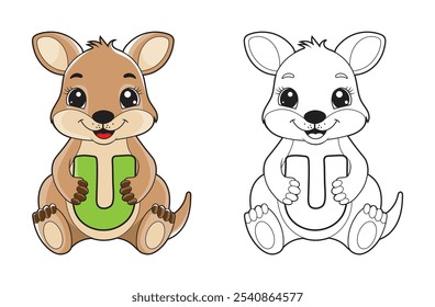 Ilustración de página para colorear de alfabeto para niños con lindo personaje de dibujos animados de canguro.  Un canguro lindo que sostiene la letra U. Libros para colorear de ortografía educativa para los primeros alumnos.
