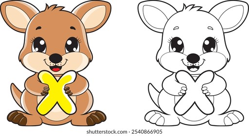 Ilustración de página para colorear de alfabeto para niños con lindo personaje de dibujos animados de canguro.  Un canguro lindo que sostiene la letra X. Libros para colorear de ortografía educativa para los primeros alumnos.
