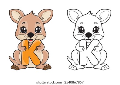 Ilustración de página para colorear de alfabeto para niños con lindo personaje de dibujos animados de canguro.  Un canguro lindo que sostiene la letra K. Libros para colorear de ortografía educativa para los primeros alumnos.
