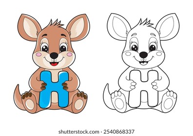 Ilustración de página para colorear de alfabeto para niños con lindo personaje de dibujos animados de canguro.  Un canguro lindo que sostiene la letra H. Libros para colorear de ortografía educativa para los primeros alumnos.
