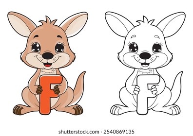 Ilustración de página para colorear de alfabeto para niños con lindo personaje de dibujos animados de canguro.  Un canguro lindo que sostiene la letra F. Libros para colorear de ortografía educativa para los primeros alumnos.
