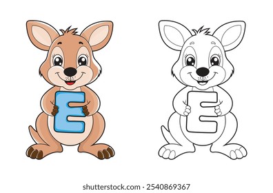 Ilustración de página para colorear de alfabeto para niños con lindo personaje de dibujos animados de canguro.  Un canguro lindo que sostiene la letra E. Libros para colorear de ortografía educativa para los primeros alumnos.
