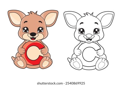 Ilustración de página para colorear de alfabeto para niños con lindo personaje de dibujos animados de canguro.  Un canguro lindo que sostiene la letra C. Libros para colorear de ortografía educativa para los primeros alumnos.
