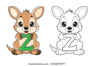 Kids Alphabet coloring page illustration with cute kangaroo cartoon character.  A cute kangaroo holding the letter Z. Educational spelling coloring books for early learners.
