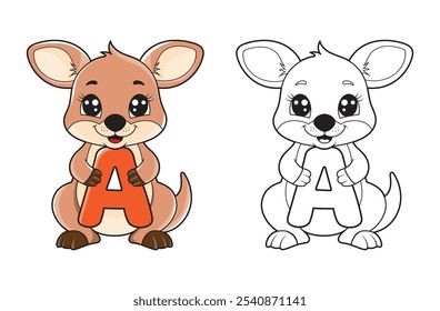 Ilustración de página para colorear de alfabeto para niños con lindo personaje de dibujos animados de canguro.  Un canguro lindo que sostiene la letra A. Libros para colorear de ortografía educativa para los primeros alumnos.
