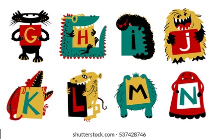 Kids alphabet with cute colorful monsters or insects. Funny fictional character with letters in their paws. Vector illustration for school and education